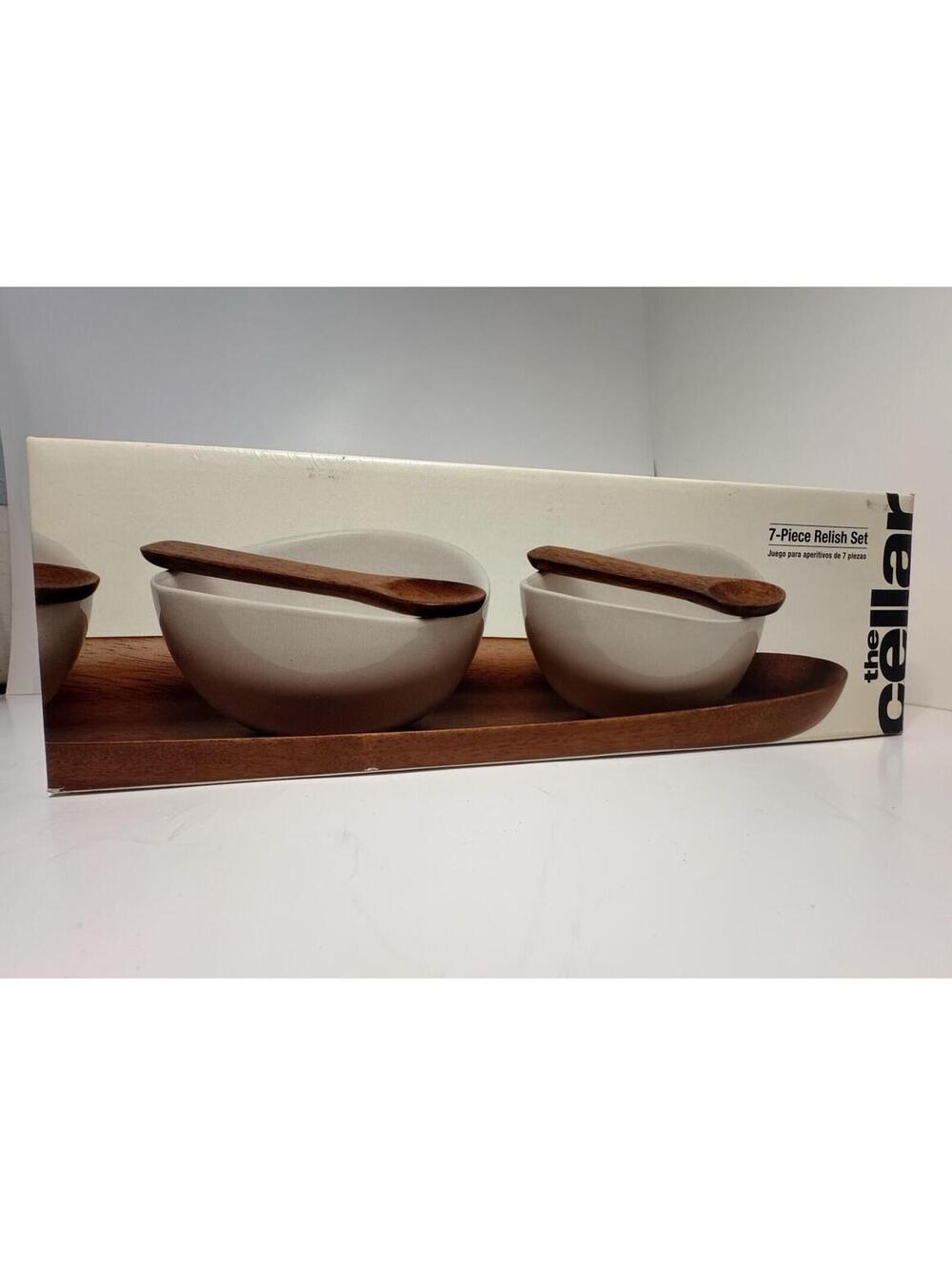 The Cellar 7 Pc Relish Condiment Bowl Set Wood Tray & Spoons New￼